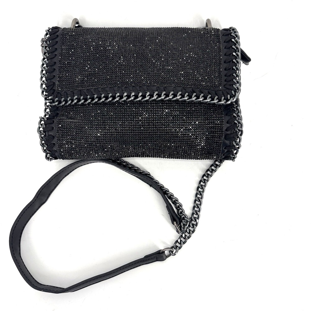 Black Shimmer Whipstitch Chain Crossbody Bag Silver Hardware Evening Clutch